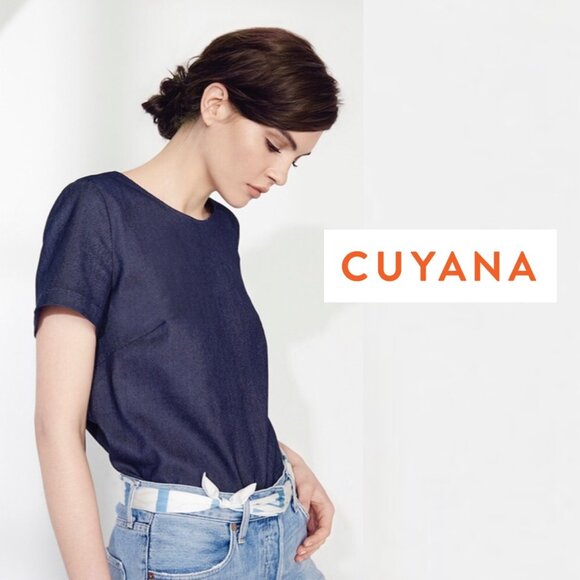 Cuyana Medium Denim Chambray Top Blouse Tie Back Blouse Short Sleeve Blue Tee - Picture 1 of 12